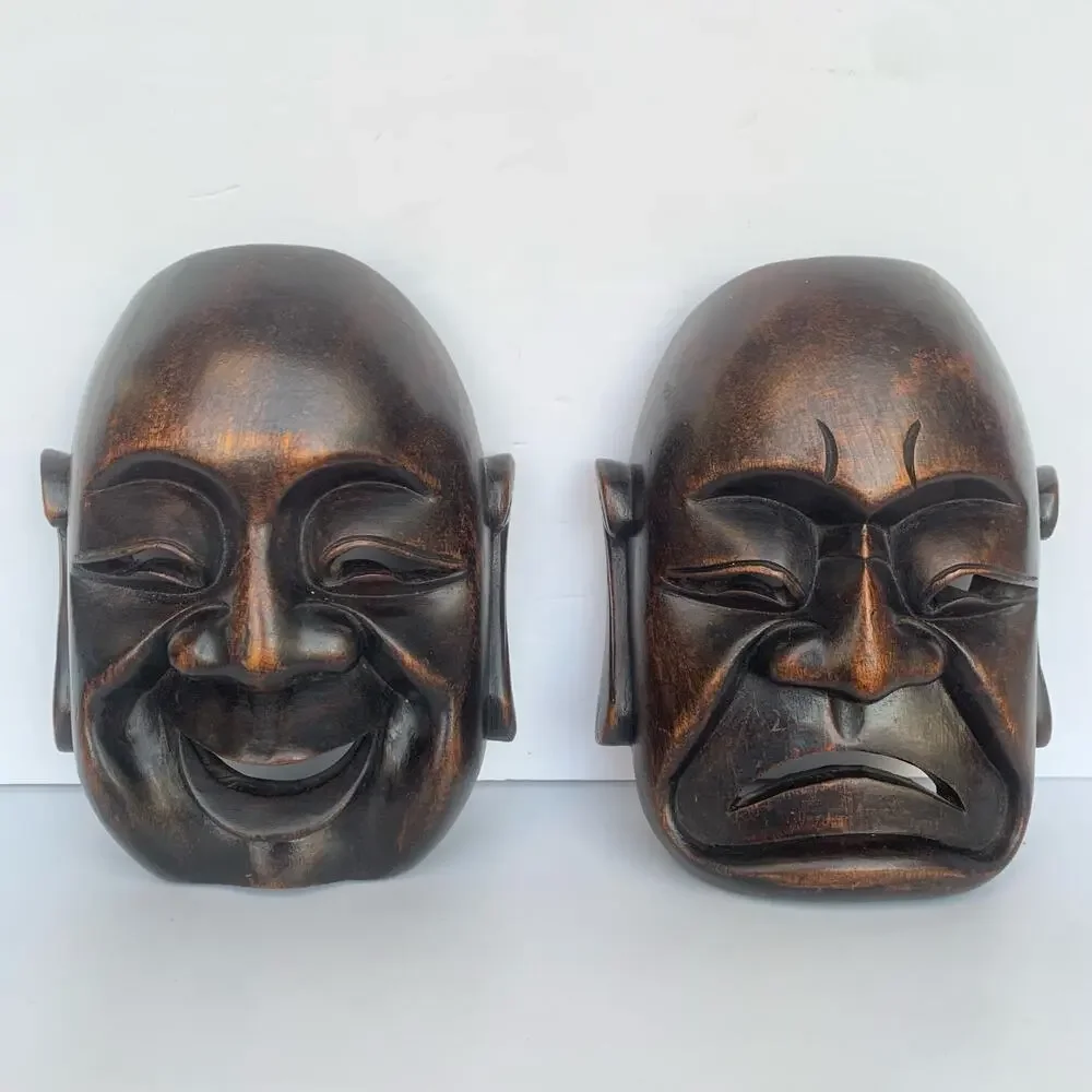 Vintage Mid Century Carved Wood Buddha Masks Wall Art